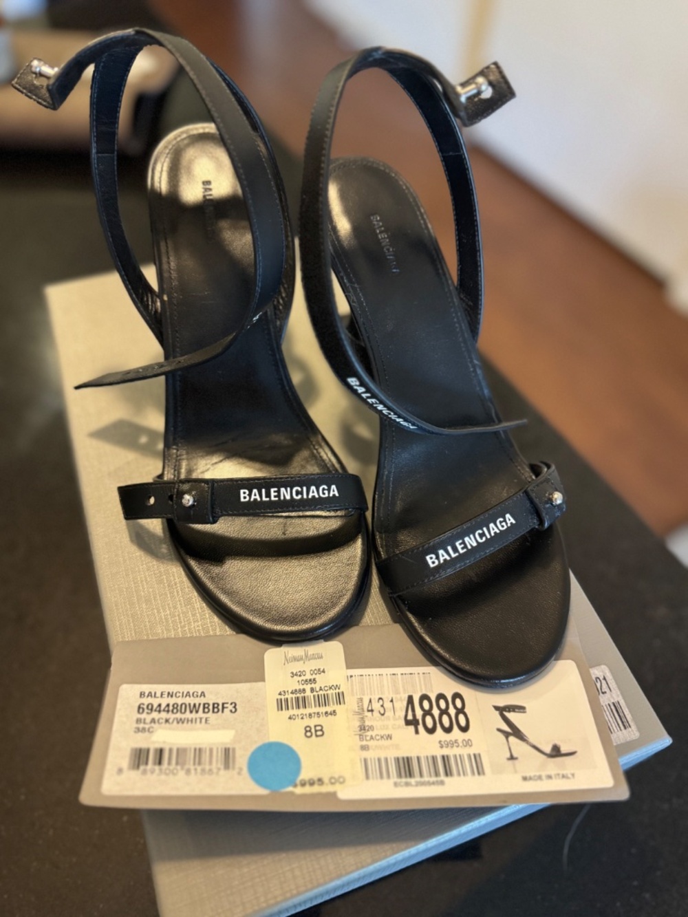 Balenciaga Afterhour Leather Logo Print Sandals - Picture 3 of 5